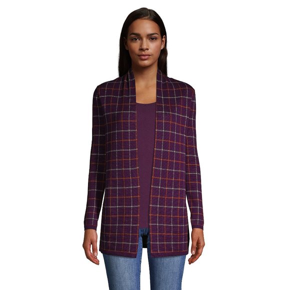 Lightweight Open Duster Cardigan Tunic Sweater Purple Wine Burgundy Plaid XS 2 4 - Picture 1 of 3